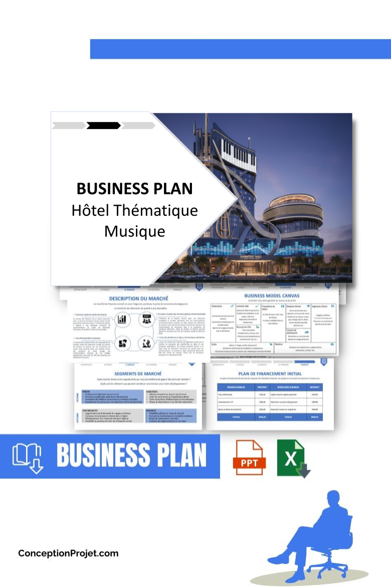 Pack Business Plan pour Hôtel Thématique Musique - Modèle de business plan professionnel pour Hôtel Thématique Musique, spécialement conçu pour les entrepreneurs, incluant un prévisionnel financier 100% automatisé, une stratégie marketing intégrée, ainsi qu’une analyse complète (SWOT, Business Model Canvas, étude de marché et analyse des risques). Ce document au design moderne et entièrement personnalisable sous Word est structuré pour répondre aux exigences des banques et des investisseurs, tout en permettant un gain de temps considérable grâce à son contenu pré-rédigé.