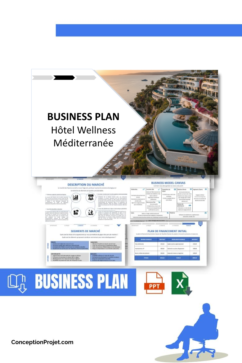 Pack Business Plan pour Hôtel Wellness Méditerranée - Modèle de business plan professionnel pour Hôtel Wellness Méditerranée, spécialement conçu pour les entrepreneurs, incluant un prévisionnel financier 100% automatisé, une stratégie marketing intégrée, ainsi qu’une analyse complète (SWOT, Business Model Canvas, étude de marché et analyse des risques). Ce document au design moderne et entièrement personnalisable sous Word est structuré pour répondre aux exigences des banques et des investisseurs, tout en permettant un gain de temps considérable grâce à son contenu pré-rédigé.
