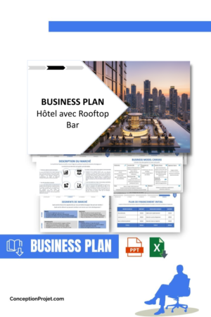 Pack Business Plan pour Hôtel avec Rooftop Bar - Modèle de business plan professionnel pour Hôtel avec Rooftop Bar, spécialement conçu pour les entrepreneurs, incluant un prévisionnel financier 100% automatisé, une stratégie marketing intégrée, ainsi qu’une analyse complète (SWOT, Business Model Canvas, étude de marché et analyse des risques). Ce document au design moderne et entièrement personnalisable sous Word est structuré pour répondre aux exigences des banques et des investisseurs, tout en permettant un gain de temps considérable grâce à son contenu pré-rédigé.