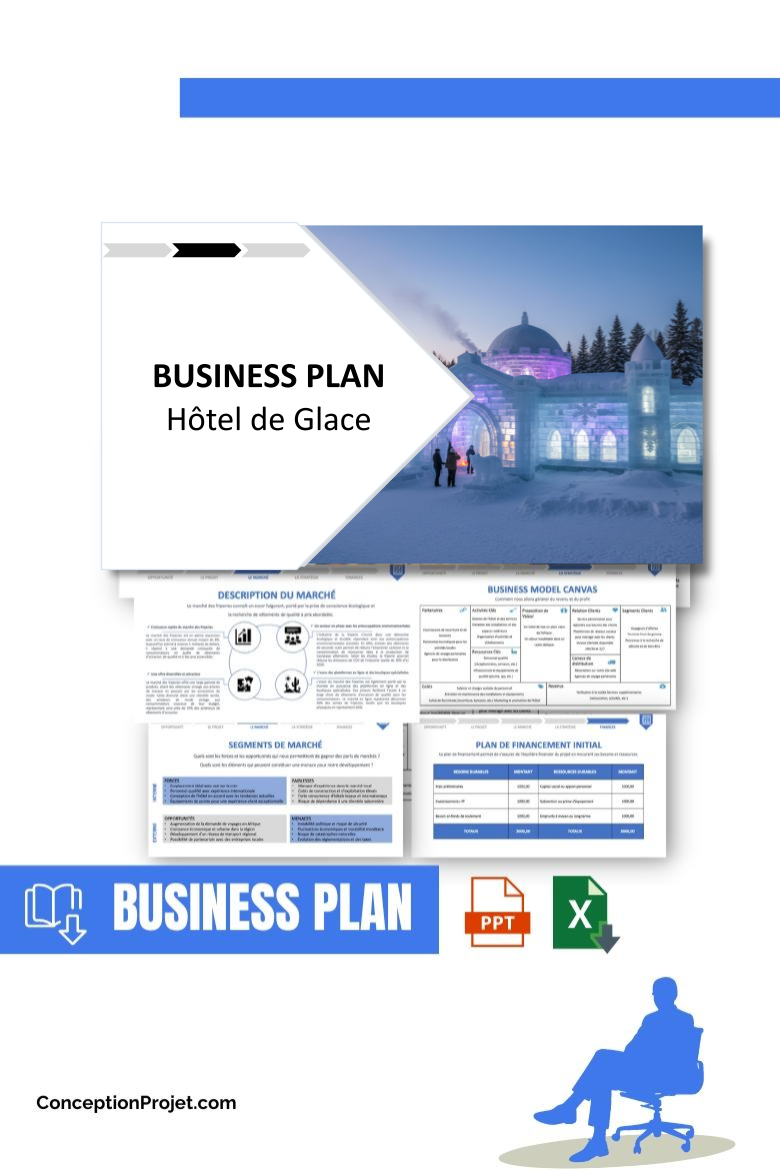 Pack Business Plan pour Hôtel de Glace - Modèle de business plan professionnel pour Hôtel de Glace, spécialement conçu pour les entrepreneurs, incluant un prévisionnel financier 100% automatisé, une stratégie marketing intégrée, ainsi qu’une analyse complète (SWOT, Business Model Canvas, étude de marché et analyse des risques). Ce document au design moderne et entièrement personnalisable sous Word est structuré pour répondre aux exigences des banques et des investisseurs, tout en permettant un gain de temps considérable grâce à son contenu pré-rédigé.