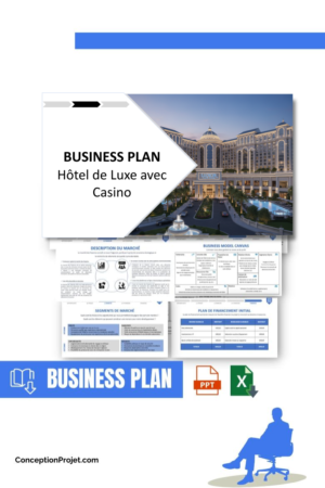 Pack Business Plan pour Hôtel de Luxe avec Casino - Modèle de business plan professionnel pour Hôtel de Luxe avec Casino, spécialement conçu pour les entrepreneurs, incluant un prévisionnel financier 100% automatisé, une stratégie marketing intégrée, ainsi qu’une analyse complète (SWOT, Business Model Canvas, étude de marché et analyse des risques). Ce document au design moderne et entièrement personnalisable sous Word est structuré pour répondre aux exigences des banques et des investisseurs, tout en permettant un gain de temps considérable grâce à son contenu pré-rédigé.