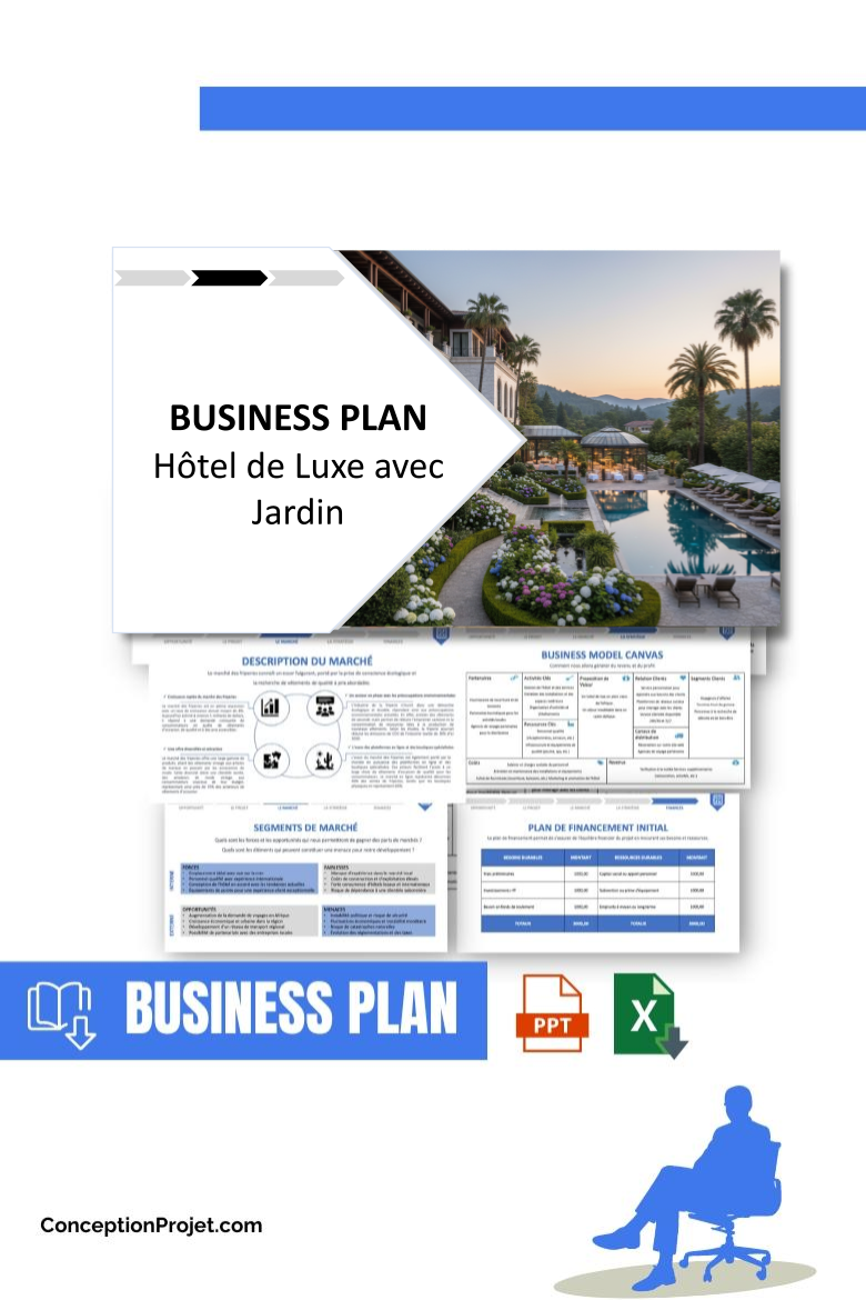 Pack Business Plan pour Hôtel de Luxe avec Jardin - Modèle de business plan professionnel pour Hôtel de Luxe avec Jardin, spécialement conçu pour les entrepreneurs, incluant un prévisionnel financier 100% automatisé, une stratégie marketing intégrée, ainsi qu’une analyse complète (SWOT, Business Model Canvas, étude de marché et analyse des risques). Ce document au design moderne et entièrement personnalisable sous Word est structuré pour répondre aux exigences des banques et des investisseurs, tout en permettant un gain de temps considérable grâce à son contenu pré-rédigé.