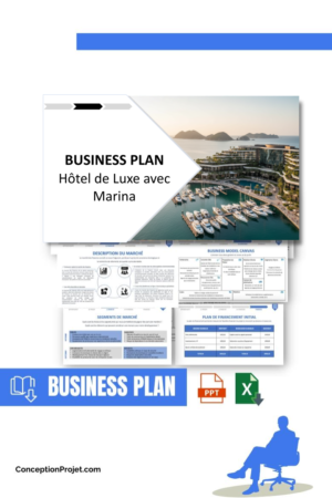 Pack Business Plan pour Hôtel de Luxe avec Marina - Modèle de business plan professionnel pour Hôtel de Luxe avec Marina, spécialement conçu pour les entrepreneurs, incluant un prévisionnel financier 100% automatisé, une stratégie marketing intégrée, ainsi qu’une analyse complète (SWOT, Business Model Canvas, étude de marché et analyse des risques). Ce document au design moderne et entièrement personnalisable sous Word est structuré pour répondre aux exigences des banques et des investisseurs, tout en permettant un gain de temps considérable grâce à son contenu pré-rédigé.