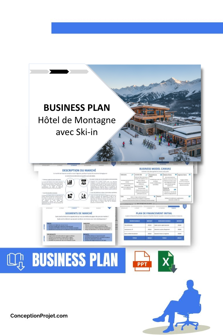 Pack Business Plan pour Hôtel de Montagne avec Ski-in - Modèle de business plan professionnel pour Hôtel de Montagne avec Ski-in, spécialement conçu pour les entrepreneurs, incluant un prévisionnel financier 100% automatisé, une stratégie marketing intégrée, ainsi qu’une analyse complète (SWOT, Business Model Canvas, étude de marché et analyse des risques). Ce document au design moderne et entièrement personnalisable sous Word est structuré pour répondre aux exigences des banques et des investisseurs, tout en permettant un gain de temps considérable grâce à son contenu pré-rédigé.