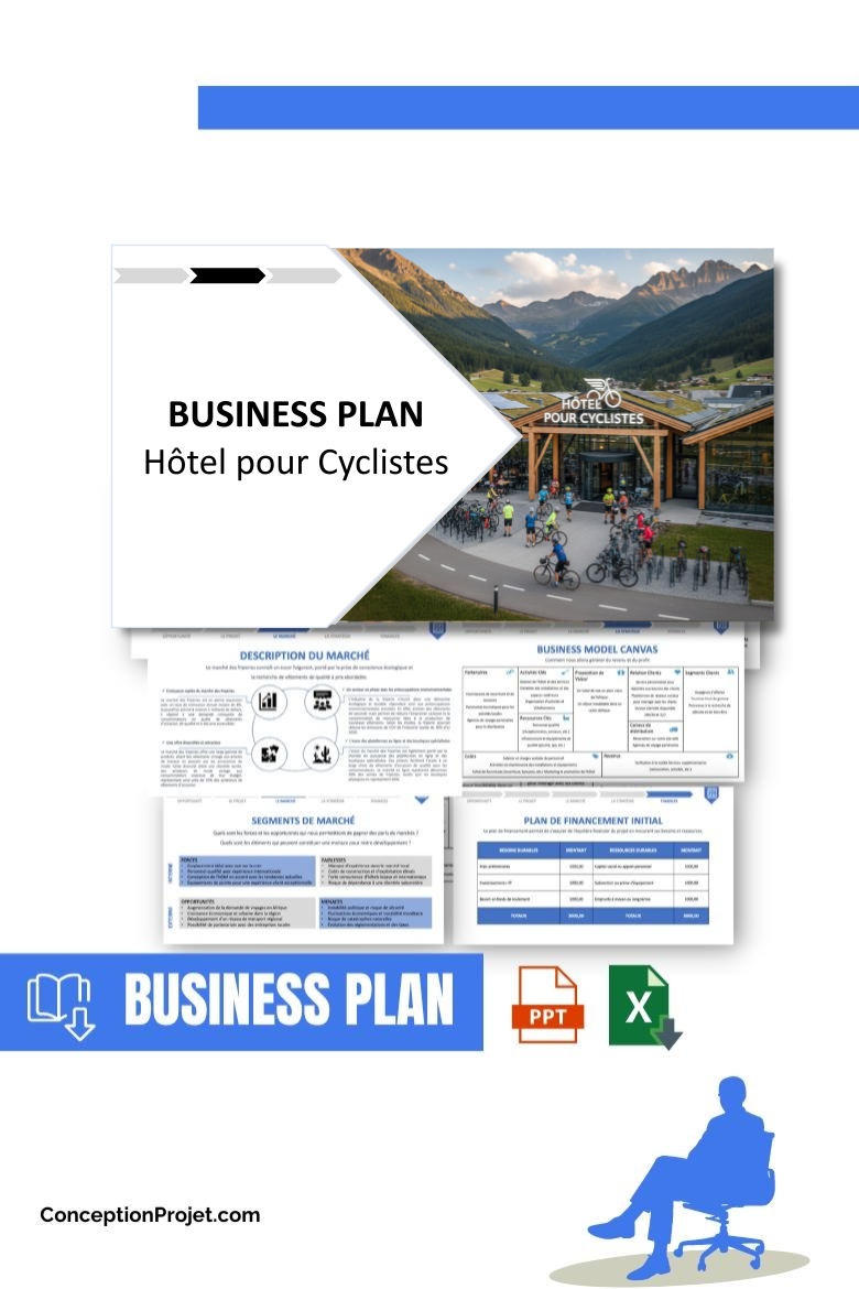 Pack Business Plan pour Hôtel pour Cyclistes - Modèle de business plan professionnel pour Hôtel pour Cyclistes, spécialement conçu pour les entrepreneurs, incluant un prévisionnel financier 100% automatisé, une stratégie marketing intégrée, ainsi qu’une analyse complète (SWOT, Business Model Canvas, étude de marché et analyse des risques). Ce document au design moderne et entièrement personnalisable sous Word est structuré pour répondre aux exigences des banques et des investisseurs, tout en permettant un gain de temps considérable grâce à son contenu pré-rédigé.