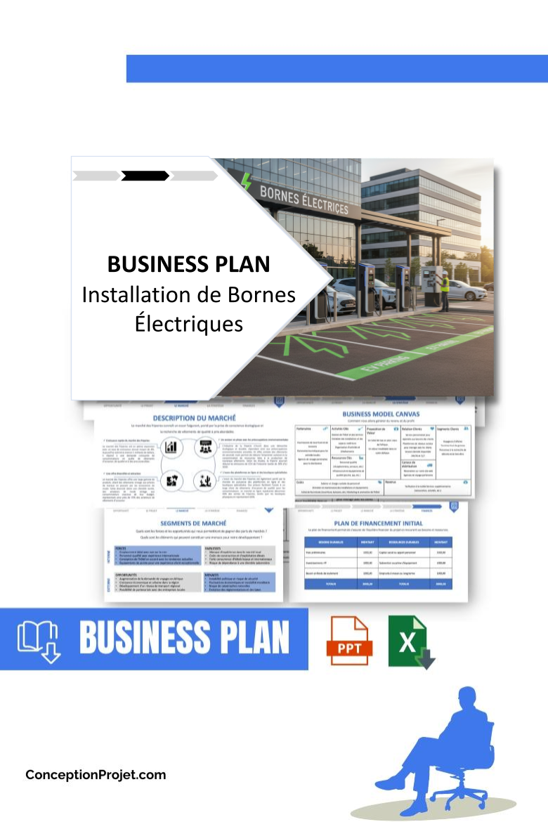 Pack Business Plan pour Installation de Bornes Électriques - Modèle de business plan professionnel pour Installation de Bornes Électriques, spécialement conçu pour les entrepreneurs, incluant un prévisionnel financier 100% automatisé, une stratégie marketing intégrée, ainsi qu’une analyse complète (SWOT, Business Model Canvas, étude de marché et analyse des risques). Ce document au design moderne et entièrement personnalisable sous Word est structuré pour répondre aux exigences des banques et des investisseurs, tout en permettant un gain de temps considérable grâce à son contenu pré-rédigé.