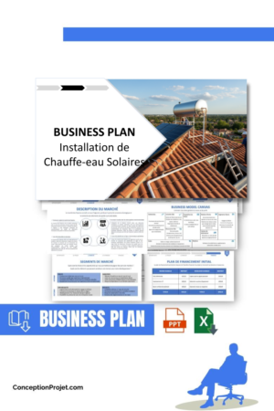 Pack Business Plan pour Installation de Chauffe-eau Solaires - Modèle de business plan professionnel pour Installation de Chauffe-eau Solaires, spécialement conçu pour les entrepreneurs, incluant un prévisionnel financier 100% automatisé, une stratégie marketing intégrée, ainsi qu’une analyse complète (SWOT, Business Model Canvas, étude de marché et analyse des risques). Ce document au design moderne et entièrement personnalisable sous Word est structuré pour répondre aux exigences des banques et des investisseurs, tout en permettant un gain de temps considérable grâce à son contenu pré-rédigé.