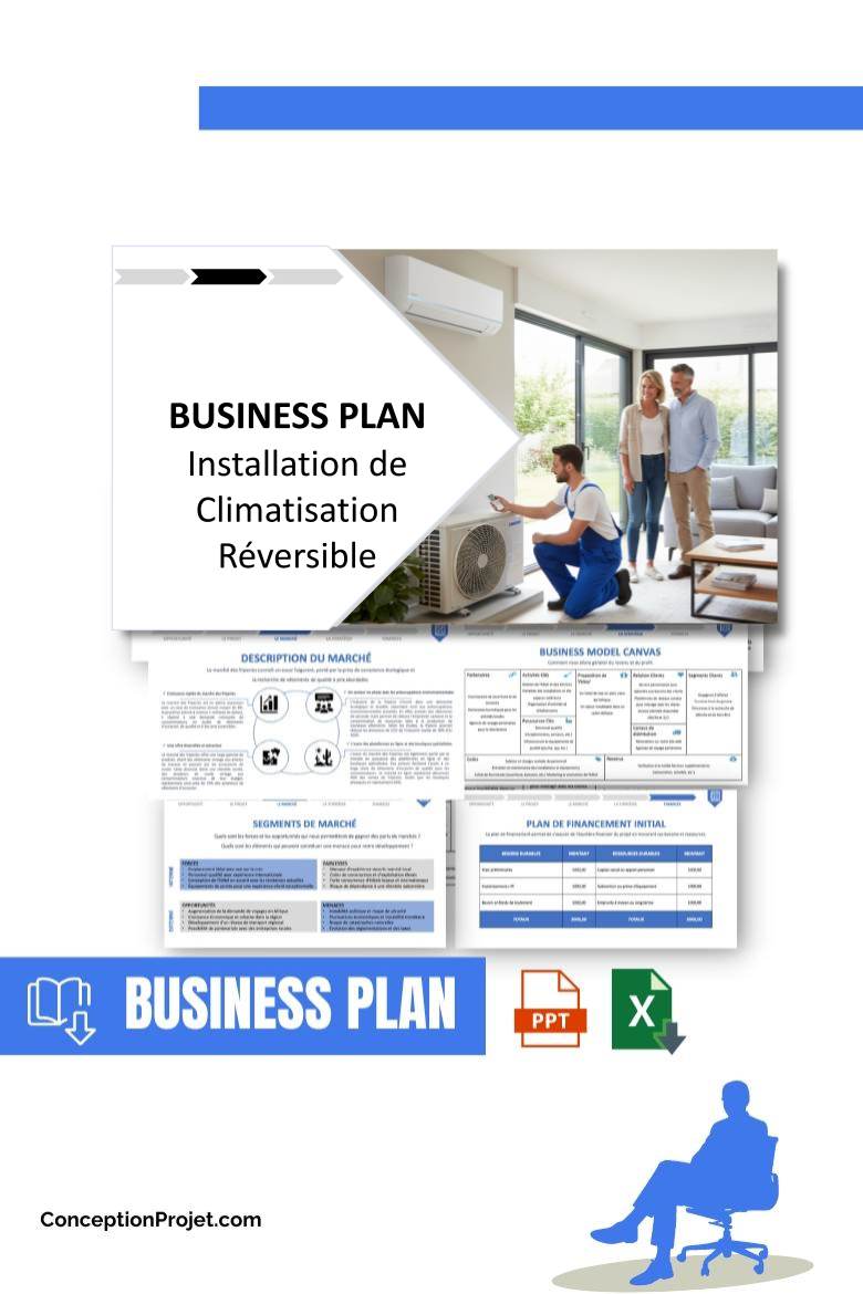 Pack Business Plan pour Installation de Climatisation Réversible - Modèle de business plan professionnel pour Installation de Climatisation Réversible, spécialement conçu pour les entrepreneurs, incluant un prévisionnel financier 100% automatisé, une stratégie marketing intégrée, ainsi qu’une analyse complète (SWOT, Business Model Canvas, étude de marché et analyse des risques). Ce document au design moderne et entièrement personnalisable sous Word est structuré pour répondre aux exigences des banques et des investisseurs, tout en permettant un gain de temps considérable grâce à son contenu pré-rédigé.