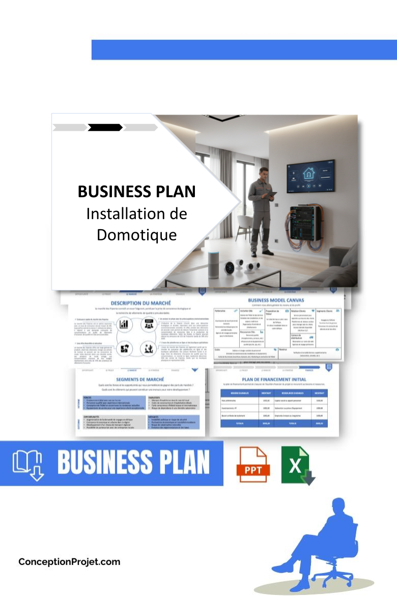 Pack Business Plan pour Installation de Domotique - Modèle de business plan professionnel pour Installation de Domotique, spécialement conçu pour les entrepreneurs, incluant un prévisionnel financier 100% automatisé, une stratégie marketing intégrée, ainsi qu’une analyse complète (SWOT, Business Model Canvas, étude de marché et analyse des risques). Ce document au design moderne et entièrement personnalisable sous Word est structuré pour répondre aux exigences des banques et des investisseurs, tout en permettant un gain de temps considérable grâce à son contenu pré-rédigé.