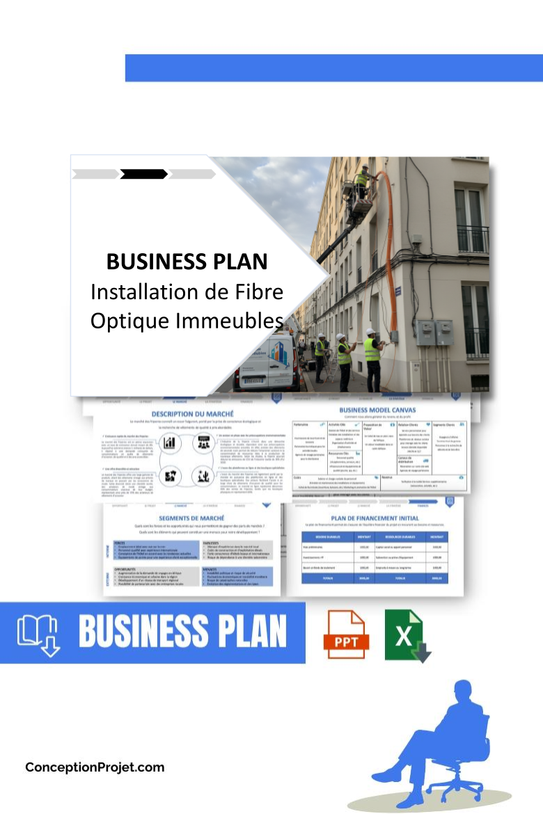 Pack Business Plan pour Installation de Fibre Optique Immeubles - Modèle de business plan professionnel pour Installation de Fibre Optique Immeubles, spécialement conçu pour les entrepreneurs, incluant un prévisionnel financier 100% automatisé, une stratégie marketing intégrée, ainsi qu’une analyse complète (SWOT, Business Model Canvas, étude de marché et analyse des risques). Ce document au design moderne et entièrement personnalisable sous Word est structuré pour répondre aux exigences des banques et des investisseurs, tout en permettant un gain de temps considérable grâce à son contenu pré-rédigé.