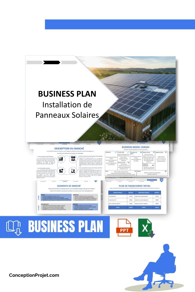 Pack Business Plan pour Installation de Panneaux Solaires - Modèle de business plan professionnel pour Installation de Panneaux Solaires, spécialement conçu pour les entrepreneurs, incluant un prévisionnel financier 100% automatisé, une stratégie marketing intégrée, ainsi qu’une analyse complète (SWOT, Business Model Canvas, étude de marché et analyse des risques). Ce document au design moderne et entièrement personnalisable sous Word est structuré pour répondre aux exigences des banques et des investisseurs, tout en permettant un gain de temps considérable grâce à son contenu pré-rédigé.