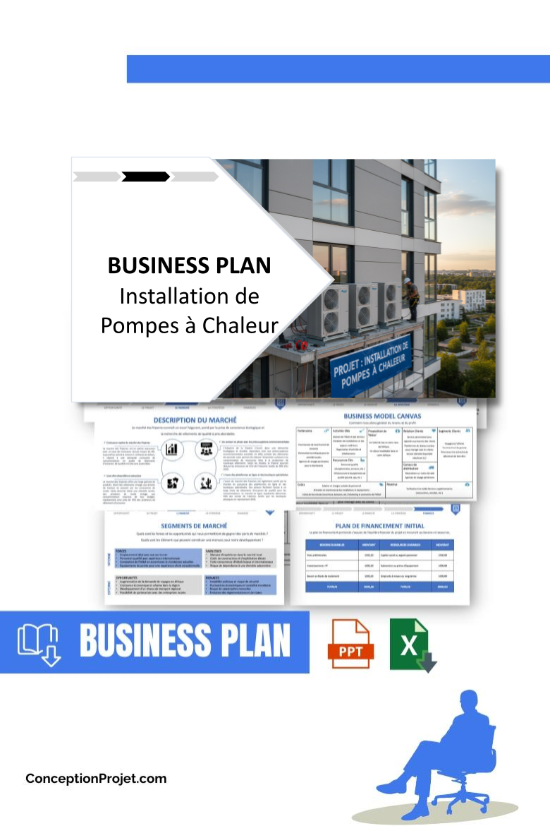 Pack Business Plan pour Installation de Pompes à Chaleur - Modèle de business plan professionnel pour Installation de Pompes à Chaleur, spécialement conçu pour les entrepreneurs, incluant un prévisionnel financier 100% automatisé, une stratégie marketing intégrée, ainsi qu’une analyse complète (SWOT, Business Model Canvas, étude de marché et analyse des risques). Ce document au design moderne et entièrement personnalisable sous Word est structuré pour répondre aux exigences des banques et des investisseurs, tout en permettant un gain de temps considérable grâce à son contenu pré-rédigé.