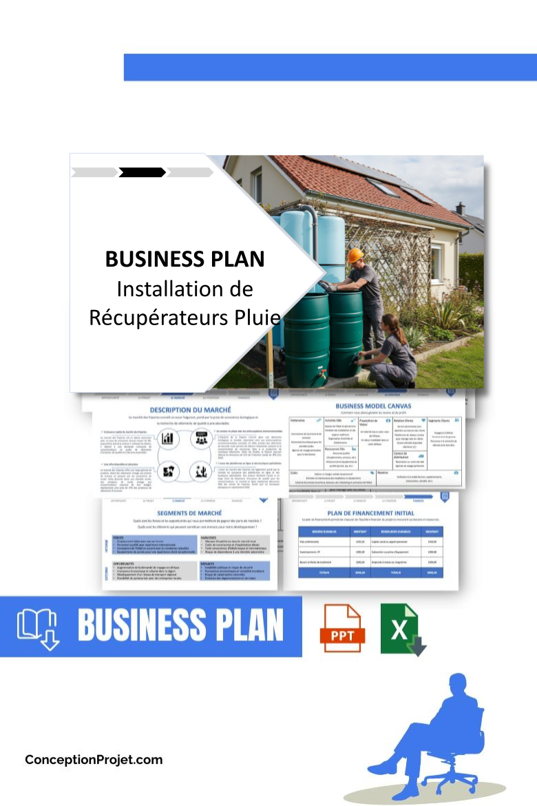Pack Business Plan Installation de RĂ©cupĂ©rateurs Pluie 2026 1 Pack Business Plan pour Installation de RĂ©cupĂ©rateurs Pluie - ModĂšle de business plan professionnel pour Installation de RĂ©cupĂ©rateurs Pluie, spĂ©cialement conçu pour les entrepreneurs, incluant un prĂ©visionnel financier 100% automatisĂ©, une stratĂ©gie marketing intĂ©grĂ©e, ainsi quâune analyse complĂšte (SWOT, Business Model Canvas, Ă©tude de marchĂ© et analyse des risques). Ce document au design moderne et entiĂšrement personnalisable sous Word est structurĂ© pour rĂ©pondre aux exigences des banques et des investisseurs, tout en permettant un gain de temps considĂ©rable grĂące Ă son contenu prĂ©-rĂ©digĂ©.