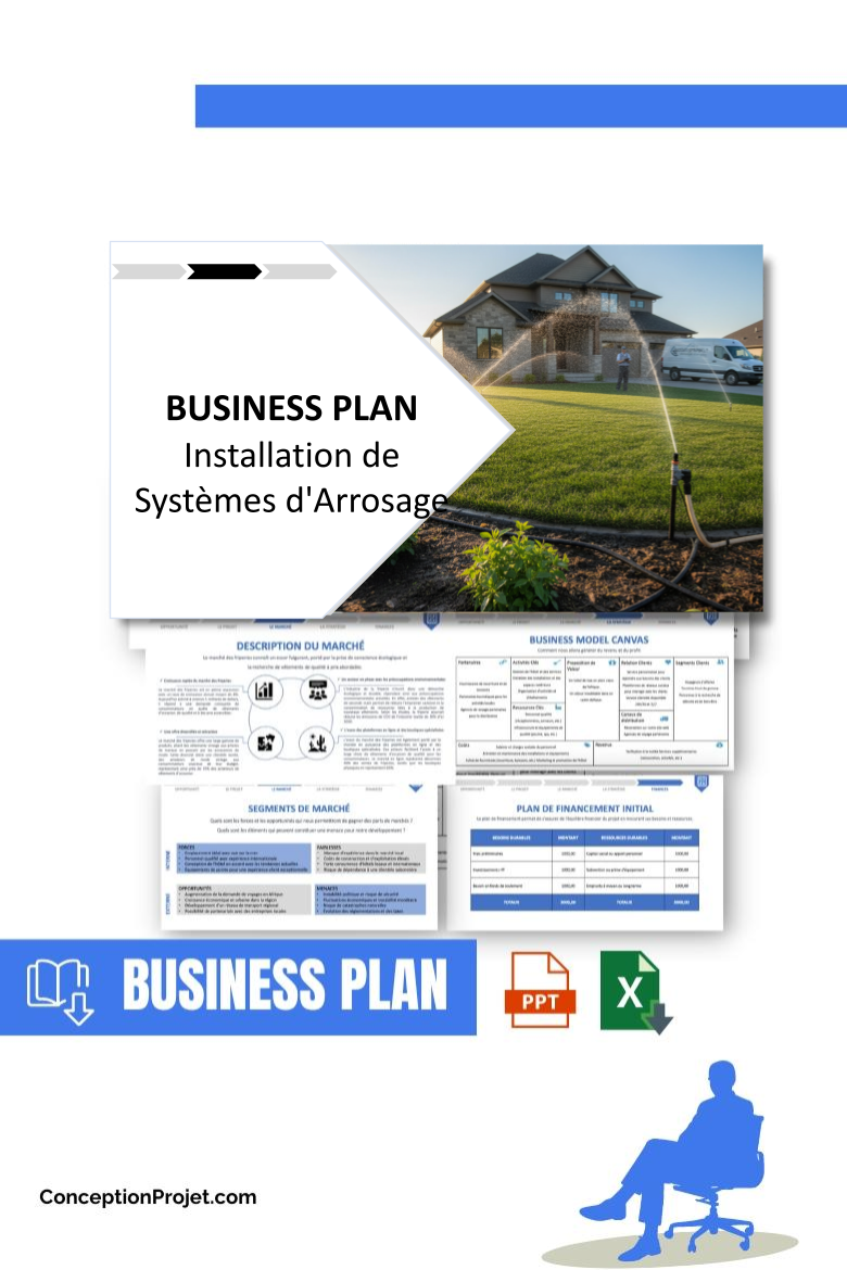 Pack Business Plan pour Installation de Systèmes d'Arrosage - Modèle de business plan professionnel pour Installation de Systèmes d'Arrosage, spécialement conçu pour les entrepreneurs, incluant un prévisionnel financier 100% automatisé, une stratégie marketing intégrée, ainsi qu’une analyse complète (SWOT, Business Model Canvas, étude de marché et analyse des risques). Ce document au design moderne et entièrement personnalisable sous Word est structuré pour répondre aux exigences des banques et des investisseurs, tout en permettant un gain de temps considérable grâce à son contenu pré-rédigé.