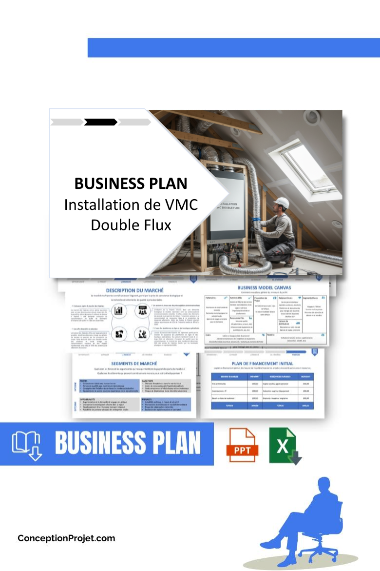 Pack Business Plan pour Installation de VMC Double Flux - Modèle de business plan professionnel pour Installation de VMC Double Flux, spécialement conçu pour les entrepreneurs, incluant un prévisionnel financier 100% automatisé, une stratégie marketing intégrée, ainsi qu’une analyse complète (SWOT, Business Model Canvas, étude de marché et analyse des risques). Ce document au design moderne et entièrement personnalisable sous Word est structuré pour répondre aux exigences des banques et des investisseurs, tout en permettant un gain de temps considérable grâce à son contenu pré-rédigé.