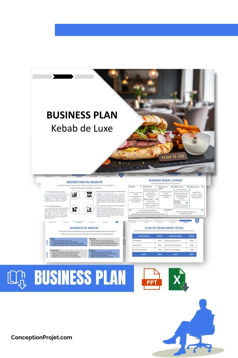 Pack Business Plan pour Kebab de Luxe - Modèle de business plan professionnel pour Kebab de Luxe, spécialement conçu pour les entrepreneurs, incluant un prévisionnel financier 100% automatisé, une stratégie marketing intégrée, ainsi qu’une analyse complète (SWOT, Business Model Canvas, étude de marché et analyse des risques). Ce document au design moderne et entièrement personnalisable sous Word est structuré pour répondre aux exigences des banques et des investisseurs, tout en permettant un gain de temps considérable grâce à son contenu pré-rédigé.