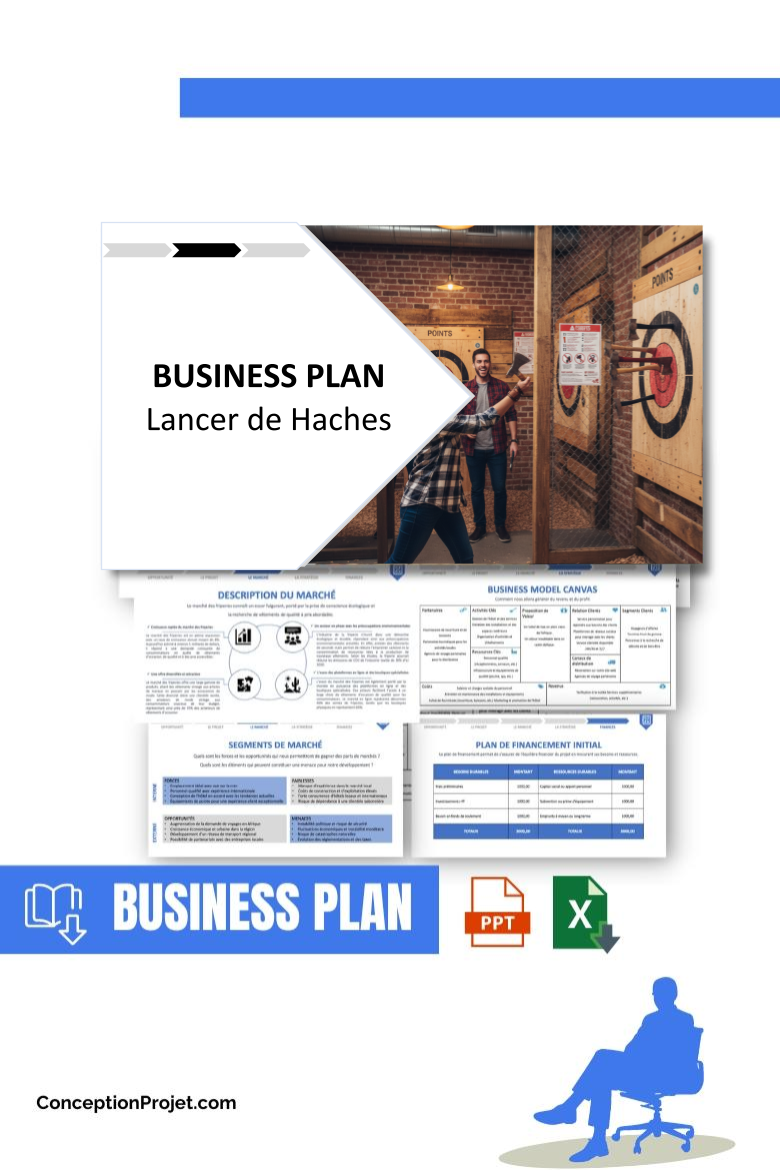 Pack Business Plan pour Lancer de Haches - Modèle de business plan professionnel pour Lancer de Haches, spécialement conçu pour les entrepreneurs, incluant un prévisionnel financier 100% automatisé, une stratégie marketing intégrée, ainsi qu’une analyse complète (SWOT, Business Model Canvas, étude de marché et analyse des risques). Ce document au design moderne et entièrement personnalisable sous Word est structuré pour répondre aux exigences des banques et des investisseurs, tout en permettant un gain de temps considérable grâce à son contenu pré-rédigé.