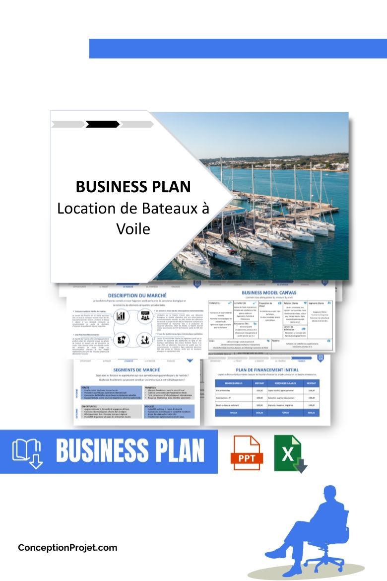 Pack Business Plan pour Location de Bateaux à Voile - Modèle de business plan professionnel pour Location de Bateaux à Voile, spécialement conçu pour les entrepreneurs, incluant un prévisionnel financier 100% automatisé, une stratégie marketing intégrée, ainsi qu’une analyse complète (SWOT, Business Model Canvas, étude de marché et analyse des risques). Ce document au design moderne et entièrement personnalisable sous Word est structuré pour répondre aux exigences des banques et des investisseurs, tout en permettant un gain de temps considérable grâce à son contenu pré-rédigé.
