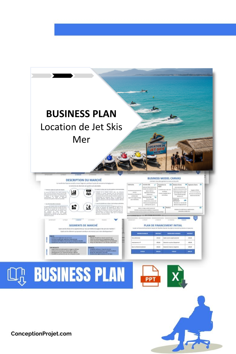 Pack Business Plan pour Location de Jet Skis Mer - Modèle de business plan professionnel pour Location de Jet Skis Mer, spécialement conçu pour les entrepreneurs, incluant un prévisionnel financier 100% automatisé, une stratégie marketing intégrée, ainsi qu’une analyse complète (SWOT, Business Model Canvas, étude de marché et analyse des risques). Ce document au design moderne et entièrement personnalisable sous Word est structuré pour répondre aux exigences des banques et des investisseurs, tout en permettant un gain de temps considérable grâce à son contenu pré-rédigé.