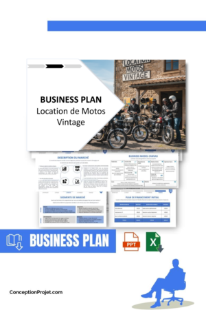 Pack Business Plan pour Location de Motos Vintage - Modèle de business plan professionnel pour Location de Motos Vintage, spécialement conçu pour les entrepreneurs, incluant un prévisionnel financier 100% automatisé, une stratégie marketing intégrée, ainsi qu’une analyse complète (SWOT, Business Model Canvas, étude de marché et analyse des risques). Ce document au design moderne et entièrement personnalisable sous Word est structuré pour répondre aux exigences des banques et des investisseurs, tout en permettant un gain de temps considérable grâce à son contenu pré-rédigé.