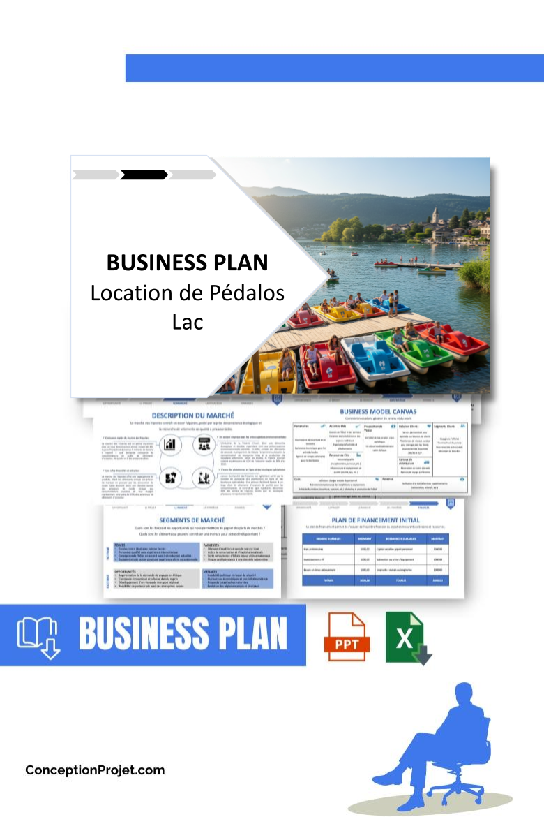 Pack Business Plan pour Location de Pédalos Lac - Modèle de business plan professionnel pour Location de Pédalos Lac, spécialement conçu pour les entrepreneurs, incluant un prévisionnel financier 100% automatisé, une stratégie marketing intégrée, ainsi qu’une analyse complète (SWOT, Business Model Canvas, étude de marché et analyse des risques). Ce document au design moderne et entièrement personnalisable sous Word est structuré pour répondre aux exigences des banques et des investisseurs, tout en permettant un gain de temps considérable grâce à son contenu pré-rédigé.