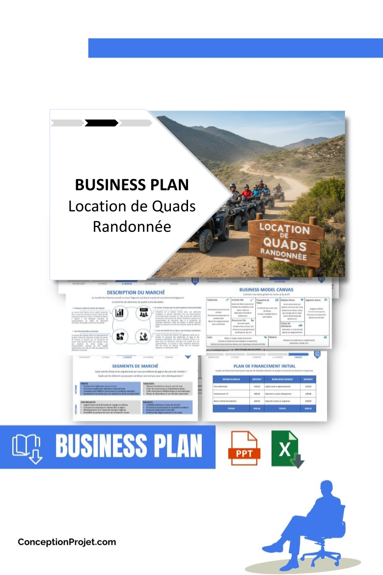 Pack Business Plan pour Location de Quads Randonnée - Modèle de business plan professionnel pour Location de Quads Randonnée, spécialement conçu pour les entrepreneurs, incluant un prévisionnel financier 100% automatisé, une stratégie marketing intégrée, ainsi qu’une analyse complète (SWOT, Business Model Canvas, étude de marché et analyse des risques). Ce document au design moderne et entièrement personnalisable sous Word est structuré pour répondre aux exigences des banques et des investisseurs, tout en permettant un gain de temps considérable grâce à son contenu pré-rédigé.