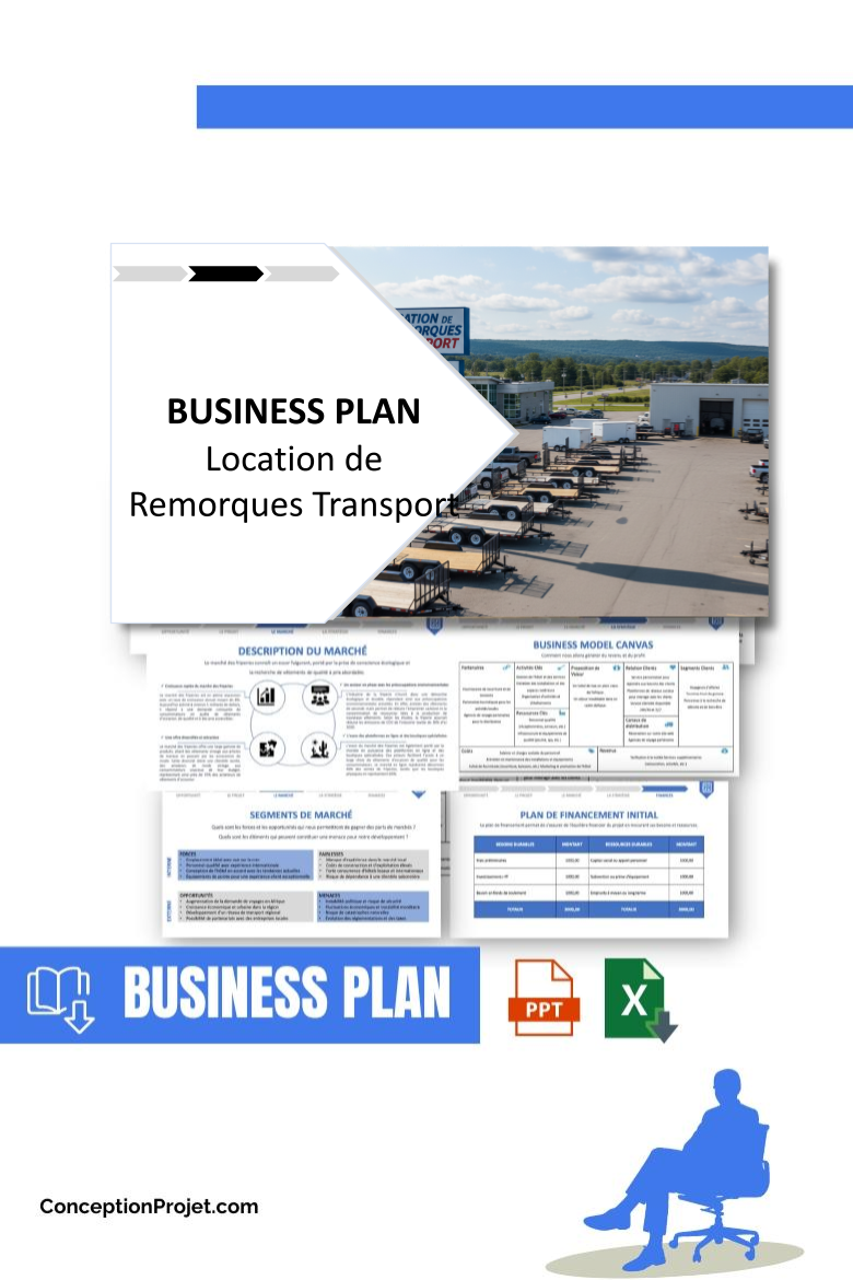 Pack Business Plan pour Location de Remorques Transport - Modèle de business plan professionnel pour Location de Remorques Transport, spécialement conçu pour les entrepreneurs, incluant un prévisionnel financier 100% automatisé, une stratégie marketing intégrée, ainsi qu’une analyse complète (SWOT, Business Model Canvas, étude de marché et analyse des risques). Ce document au design moderne et entièrement personnalisable sous Word est structuré pour répondre aux exigences des banques et des investisseurs, tout en permettant un gain de temps considérable grâce à son contenu pré-rédigé.