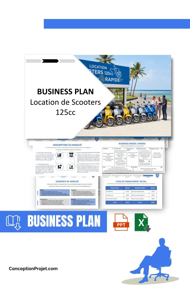 Pack Business Plan pour Location de Scooters 125cc - Modèle de business plan professionnel pour Location de Scooters 125cc, spécialement conçu pour les entrepreneurs, incluant un prévisionnel financier 100% automatisé, une stratégie marketing intégrée, ainsi qu’une analyse complète (SWOT, Business Model Canvas, étude de marché et analyse des risques). Ce document au design moderne et entièrement personnalisable sous Word est structuré pour répondre aux exigences des banques et des investisseurs, tout en permettant un gain de temps considérable grâce à son contenu pré-rédigé.