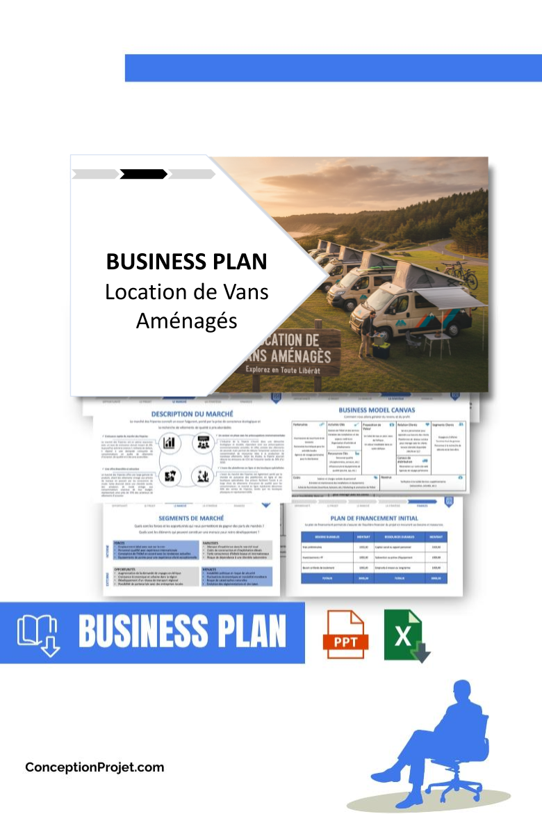 Pack Business Plan pour Location de Vans Aménagés - Modèle de business plan professionnel pour Location de Vans Aménagés, spécialement conçu pour les entrepreneurs, incluant un prévisionnel financier 100% automatisé, une stratégie marketing intégrée, ainsi qu’une analyse complète (SWOT, Business Model Canvas, étude de marché et analyse des risques). Ce document au design moderne et entièrement personnalisable sous Word est structuré pour répondre aux exigences des banques et des investisseurs, tout en permettant un gain de temps considérable grâce à son contenu pré-rédigé.