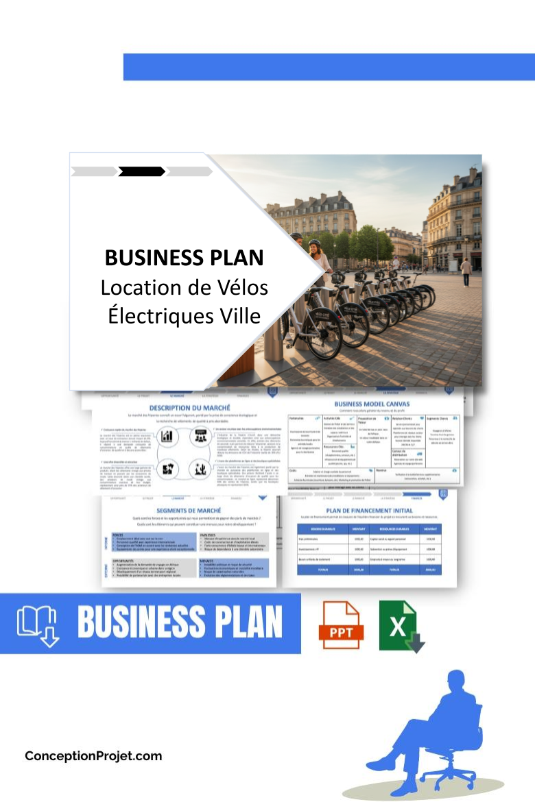 Pack Business Plan Location de Vélos Électriques Ville 2026 1 Pack Business Plan pour Location de Vélos Électriques Ville - Modèle de business plan professionnel pour Location de Vélos Électriques Ville, spécialement conçu pour les entrepreneurs, incluant un prévisionnel financier 100% automatisé, une stratégie marketing intégrée, ainsi qu’une analyse complète (SWOT, Business Model Canvas, étude de marché et analyse des risques). Ce document au design moderne et entièrement personnalisable sous Word est structuré pour répondre aux exigences des banques et des investisseurs, tout en permettant un gain de temps considérable grâce à son contenu pré-rédigé.