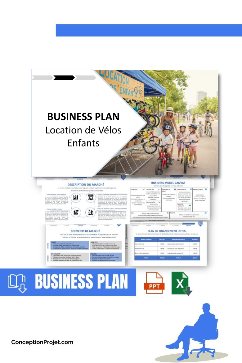 Pack Business Plan pour Location de Vélos Enfants - Modèle de business plan professionnel pour Location de Vélos Enfants, spécialement conçu pour les entrepreneurs, incluant un prévisionnel financier 100% automatisé, une stratégie marketing intégrée, ainsi qu’une analyse complète (SWOT, Business Model Canvas, étude de marché et analyse des risques). Ce document au design moderne et entièrement personnalisable sous Word est structuré pour répondre aux exigences des banques et des investisseurs, tout en permettant un gain de temps considérable grâce à son contenu pré-rédigé.