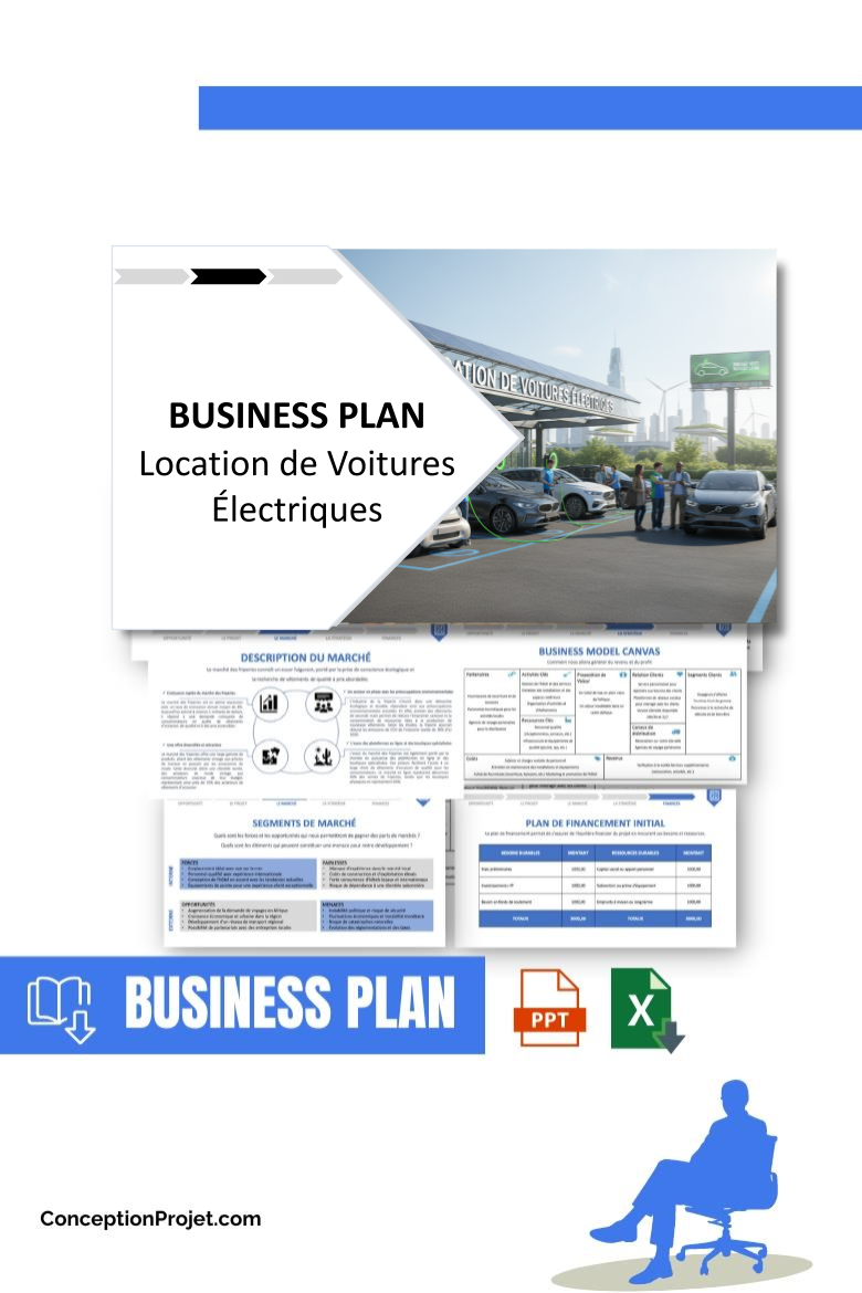 Pack Business Plan pour Location de Voitures Électriques - Modèle de business plan professionnel pour Location de Voitures Électriques, spécialement conçu pour les entrepreneurs, incluant un prévisionnel financier 100% automatisé, une stratégie marketing intégrée, ainsi qu’une analyse complète (SWOT, Business Model Canvas, étude de marché et analyse des risques). Ce document au design moderne et entièrement personnalisable sous Word est structuré pour répondre aux exigences des banques et des investisseurs, tout en permettant un gain de temps considérable grâce à son contenu pré-rédigé.