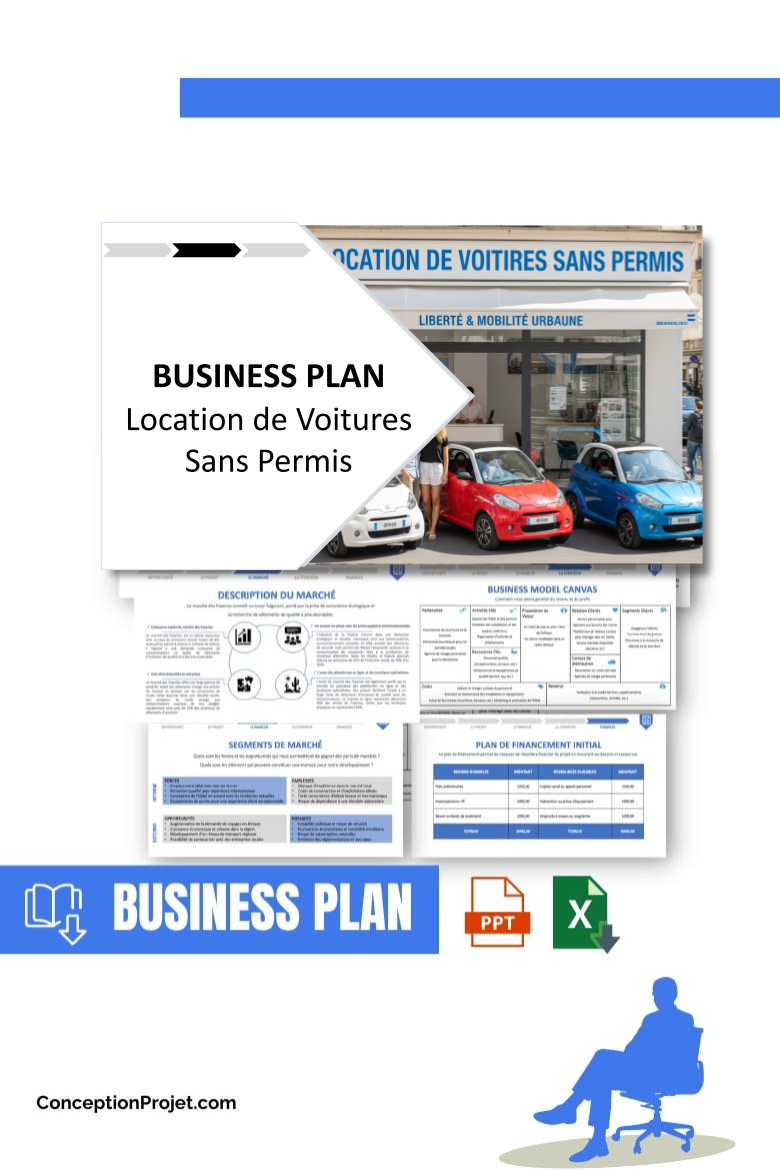 Pack Business Plan pour Location de Voitures Sans Permis - Modèle de business plan professionnel pour Location de Voitures Sans Permis, spécialement conçu pour les entrepreneurs, incluant un prévisionnel financier 100% automatisé, une stratégie marketing intégrée, ainsi qu’une analyse complète (SWOT, Business Model Canvas, étude de marché et analyse des risques). Ce document au design moderne et entièrement personnalisable sous Word est structuré pour répondre aux exigences des banques et des investisseurs, tout en permettant un gain de temps considérable grâce à son contenu pré-rédigé.