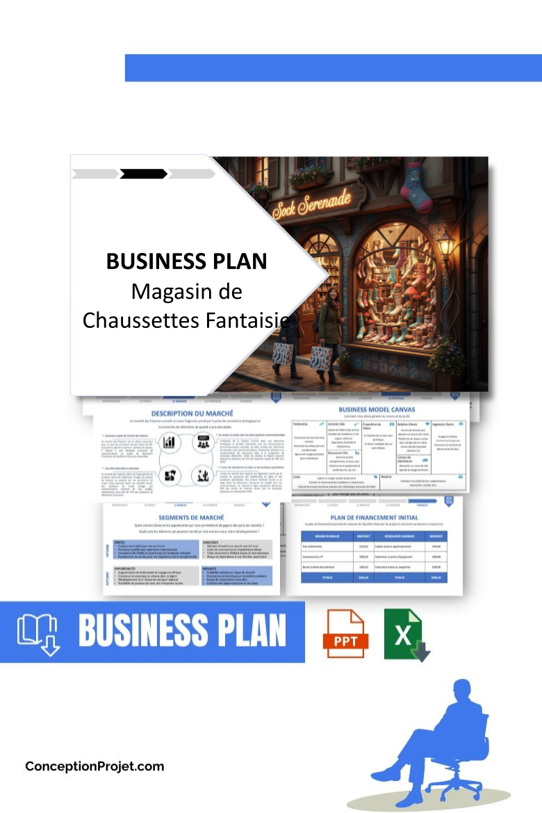 Pack Business Plan pour Magasin de Chaussettes Fantaisie - Modèle de business plan professionnel pour Magasin de Chaussettes Fantaisie, spécialement conçu pour les entrepreneurs, incluant un prévisionnel financier 100% automatisé, une stratégie marketing intégrée, ainsi qu’une analyse complète (SWOT, Business Model Canvas, étude de marché et analyse des risques). Ce document au design moderne et entièrement personnalisable sous Word est structuré pour répondre aux exigences des banques et des investisseurs, tout en permettant un gain de temps considérable grâce à son contenu pré-rédigé.