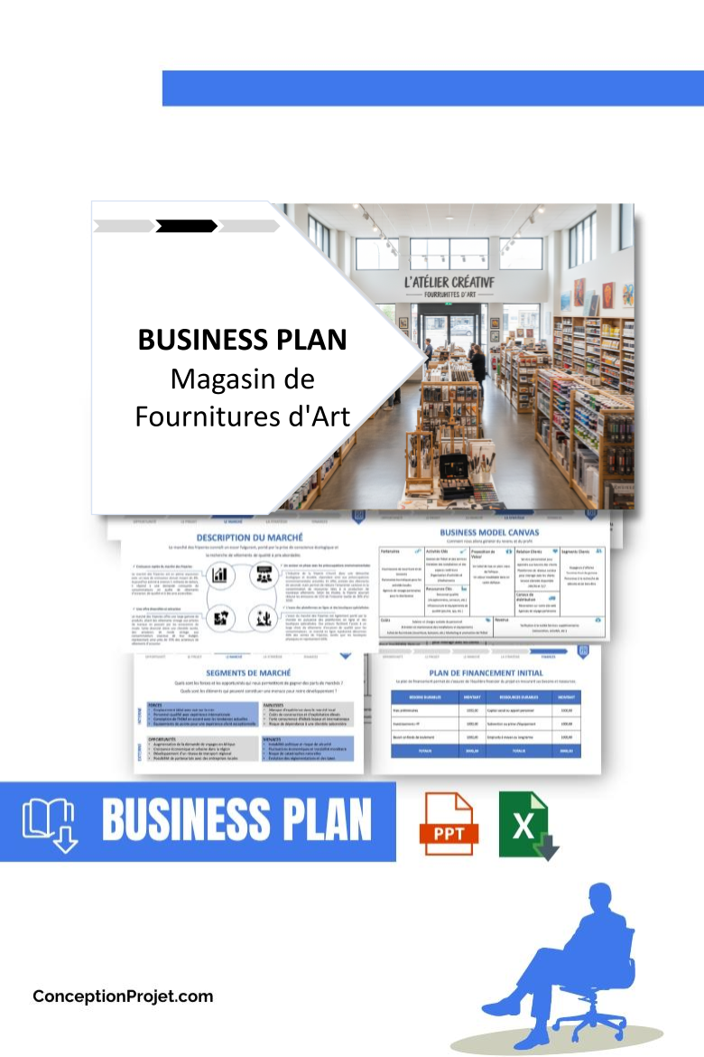 Pack Business Plan pour Magasin de Fournitures d'Art - Modèle de business plan professionnel pour Magasin de Fournitures d'Art, spécialement conçu pour les entrepreneurs, incluant un prévisionnel financier 100% automatisé, une stratégie marketing intégrée, ainsi qu’une analyse complète (SWOT, Business Model Canvas, étude de marché et analyse des risques). Ce document au design moderne et entièrement personnalisable sous Word est structuré pour répondre aux exigences des banques et des investisseurs, tout en permettant un gain de temps considérable grâce à son contenu pré-rédigé.