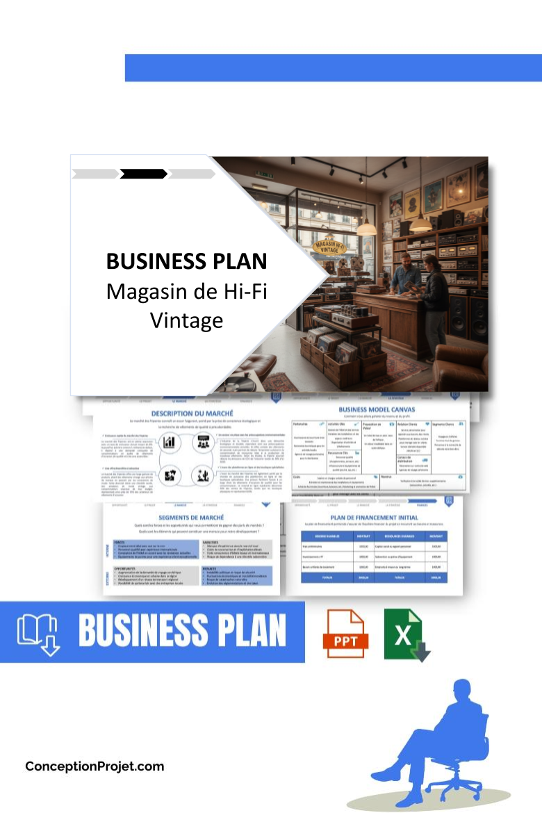 Pack Business Plan pour Magasin de Hi-Fi Vintage - Modèle de business plan professionnel pour Magasin de Hi-Fi Vintage, spécialement conçu pour les entrepreneurs, incluant un prévisionnel financier 100% automatisé, une stratégie marketing intégrée, ainsi qu’une analyse complète (SWOT, Business Model Canvas, étude de marché et analyse des risques). Ce document au design moderne et entièrement personnalisable sous Word est structuré pour répondre aux exigences des banques et des investisseurs, tout en permettant un gain de temps considérable grâce à son contenu pré-rédigé.