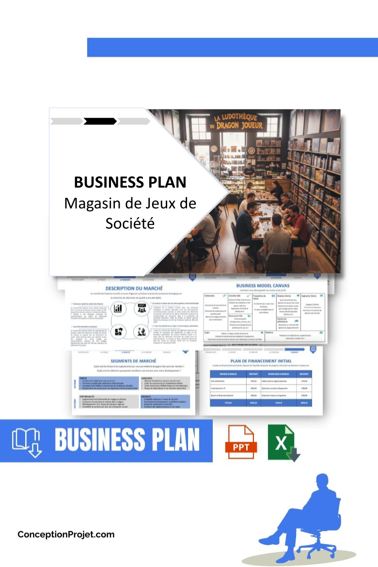 Pack Business Plan pour Magasin de Jeux de Société - Modèle de business plan professionnel pour Magasin de Jeux de Société, spécialement conçu pour les entrepreneurs, incluant un prévisionnel financier 100% automatisé, une stratégie marketing intégrée, ainsi qu’une analyse complète (SWOT, Business Model Canvas, étude de marché et analyse des risques). Ce document au design moderne et entièrement personnalisable sous Word est structuré pour répondre aux exigences des banques et des investisseurs, tout en permettant un gain de temps considérable grâce à son contenu pré-rédigé.
