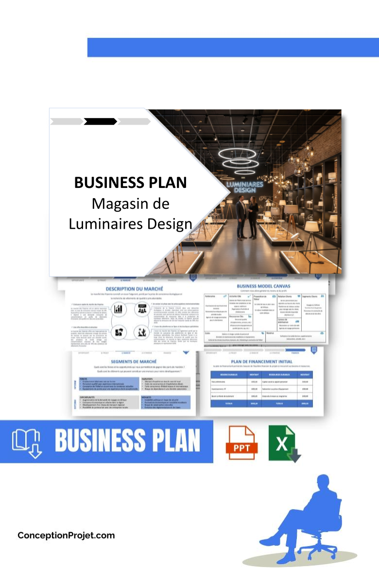 Pack Business Plan pour Magasin de Luminaires Design - Modèle de business plan professionnel pour Magasin de Luminaires Design, spécialement conçu pour les entrepreneurs, incluant un prévisionnel financier 100% automatisé, une stratégie marketing intégrée, ainsi qu’une analyse complète (SWOT, Business Model Canvas, étude de marché et analyse des risques). Ce document au design moderne et entièrement personnalisable sous Word est structuré pour répondre aux exigences des banques et des investisseurs, tout en permettant un gain de temps considérable grâce à son contenu pré-rédigé.