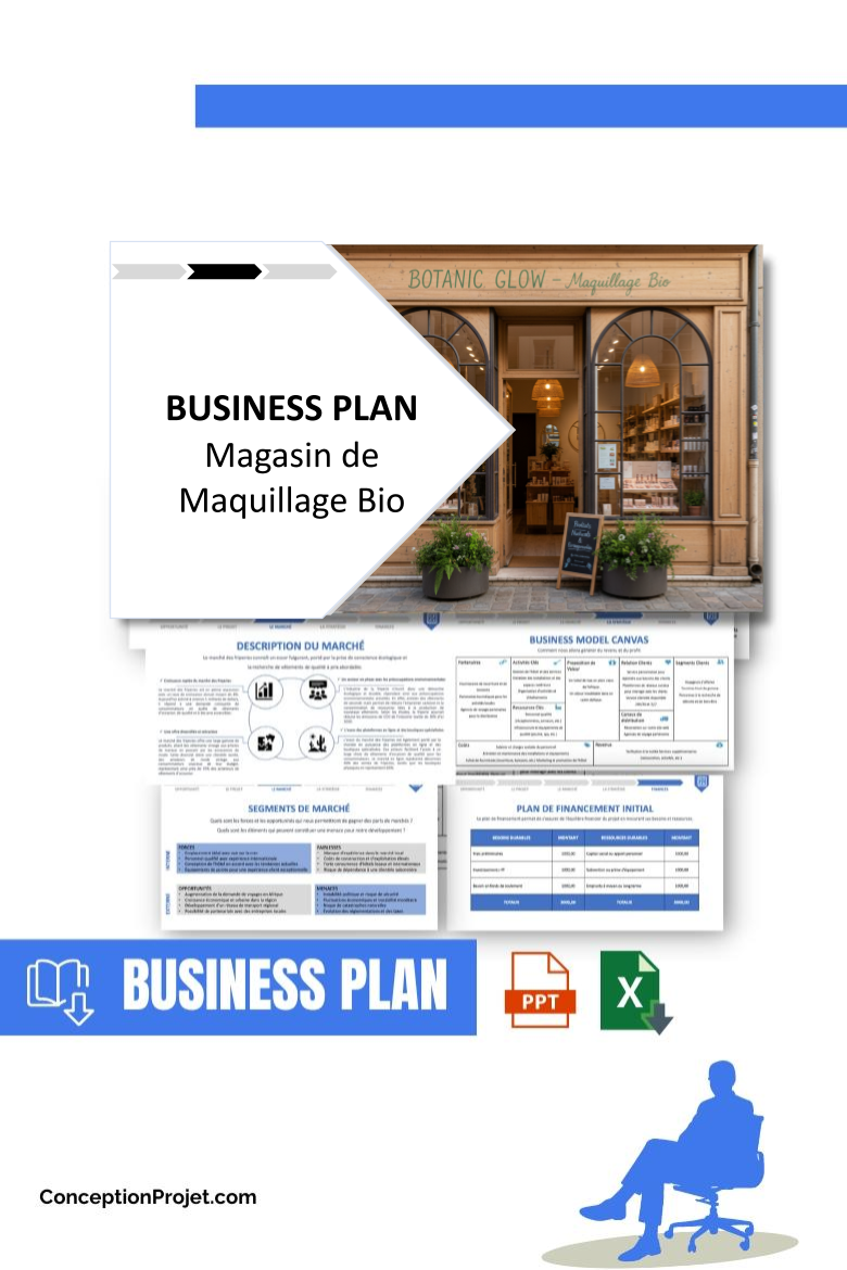 Pack Business Plan pour Magasin de Maquillage Bio - Modèle de business plan professionnel pour Magasin de Maquillage Bio, spécialement conçu pour les entrepreneurs, incluant un prévisionnel financier 100% automatisé, une stratégie marketing intégrée, ainsi qu’une analyse complète (SWOT, Business Model Canvas, étude de marché et analyse des risques). Ce document au design moderne et entièrement personnalisable sous Word est structuré pour répondre aux exigences des banques et des investisseurs, tout en permettant un gain de temps considérable grâce à son contenu pré-rédigé.