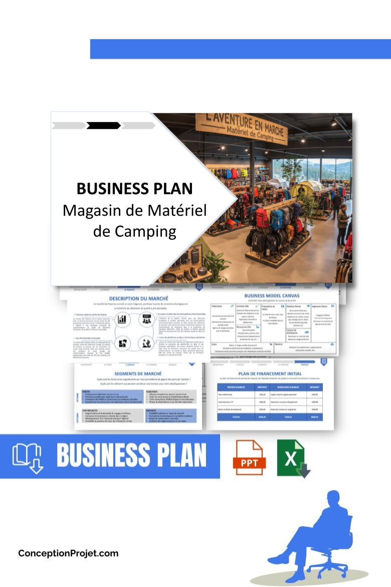 Pack Business Plan pour Magasin de Matériel de Camping - Modèle de business plan professionnel pour Magasin de Matériel de Camping, spécialement conçu pour les entrepreneurs, incluant un prévisionnel financier 100% automatisé, une stratégie marketing intégrée, ainsi qu’une analyse complète (SWOT, Business Model Canvas, étude de marché et analyse des risques). Ce document au design moderne et entièrement personnalisable sous Word est structuré pour répondre aux exigences des banques et des investisseurs, tout en permettant un gain de temps considérable grâce à son contenu pré-rédigé.