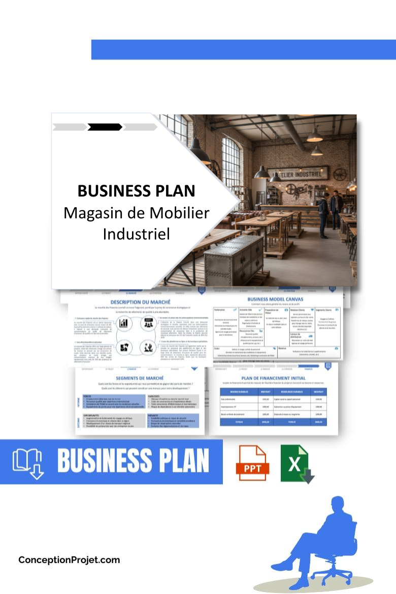 Pack Business Plan pour Magasin de Mobilier Industriel - Modèle de business plan professionnel pour Magasin de Mobilier Industriel, spécialement conçu pour les entrepreneurs, incluant un prévisionnel financier 100% automatisé, une stratégie marketing intégrée, ainsi qu’une analyse complète (SWOT, Business Model Canvas, étude de marché et analyse des risques). Ce document au design moderne et entièrement personnalisable sous Word est structuré pour répondre aux exigences des banques et des investisseurs, tout en permettant un gain de temps considérable grâce à son contenu pré-rédigé.