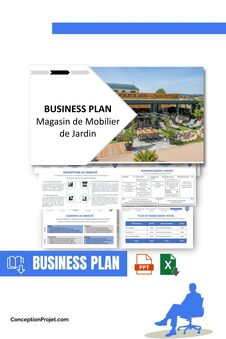 Pack Business Plan pour Magasin de Mobilier de Jardin - Modèle de business plan professionnel pour Magasin de Mobilier de Jardin, spécialement conçu pour les entrepreneurs, incluant un prévisionnel financier 100% automatisé, une stratégie marketing intégrée, ainsi qu’une analyse complète (SWOT, Business Model Canvas, étude de marché et analyse des risques). Ce document au design moderne et entièrement personnalisable sous Word est structuré pour répondre aux exigences des banques et des investisseurs, tout en permettant un gain de temps considérable grâce à son contenu pré-rédigé.