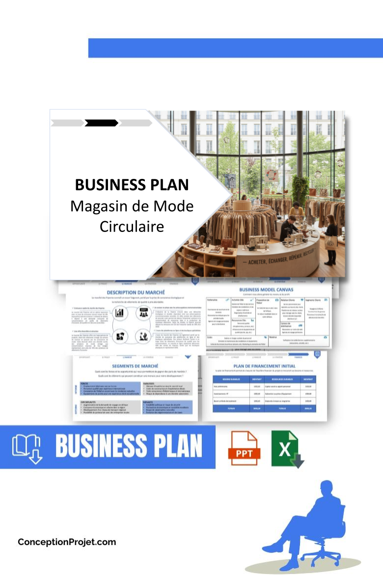 Pack Business Plan pour Magasin de Mode Circulaire - Modèle de business plan professionnel pour Magasin de Mode Circulaire, spécialement conçu pour les entrepreneurs, incluant un prévisionnel financier 100% automatisé, une stratégie marketing intégrée, ainsi qu’une analyse complète (SWOT, Business Model Canvas, étude de marché et analyse des risques). Ce document au design moderne et entièrement personnalisable sous Word est structuré pour répondre aux exigences des banques et des investisseurs, tout en permettant un gain de temps considérable grâce à son contenu pré-rédigé.