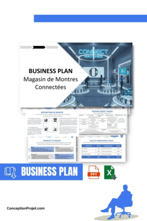 Pack Business Plan pour Magasin de Montres Connectées - Modèle de business plan professionnel pour Magasin de Montres Connectées, spécialement conçu pour les entrepreneurs, incluant un prévisionnel financier 100% automatisé, une stratégie marketing intégrée, ainsi qu’une analyse complète (SWOT, Business Model Canvas, étude de marché et analyse des risques). Ce document au design moderne et entièrement personnalisable sous Word est structuré pour répondre aux exigences des banques et des investisseurs, tout en permettant un gain de temps considérable grâce à son contenu pré-rédigé.
