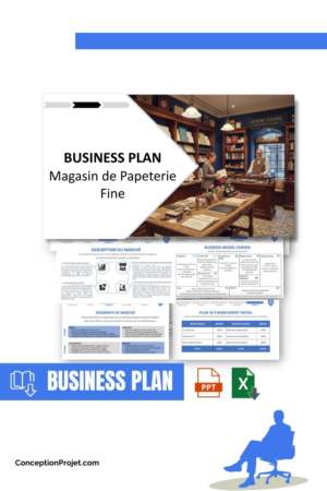Pack Business Plan pour Magasin de Papeterie Fine - Modèle de business plan professionnel pour Magasin de Papeterie Fine, spécialement conçu pour les entrepreneurs, incluant un prévisionnel financier 100% automatisé, une stratégie marketing intégrée, ainsi qu’une analyse complète (SWOT, Business Model Canvas, étude de marché et analyse des risques). Ce document au design moderne et entièrement personnalisable sous Word est structuré pour répondre aux exigences des banques et des investisseurs, tout en permettant un gain de temps considérable grâce à son contenu pré-rédigé.
