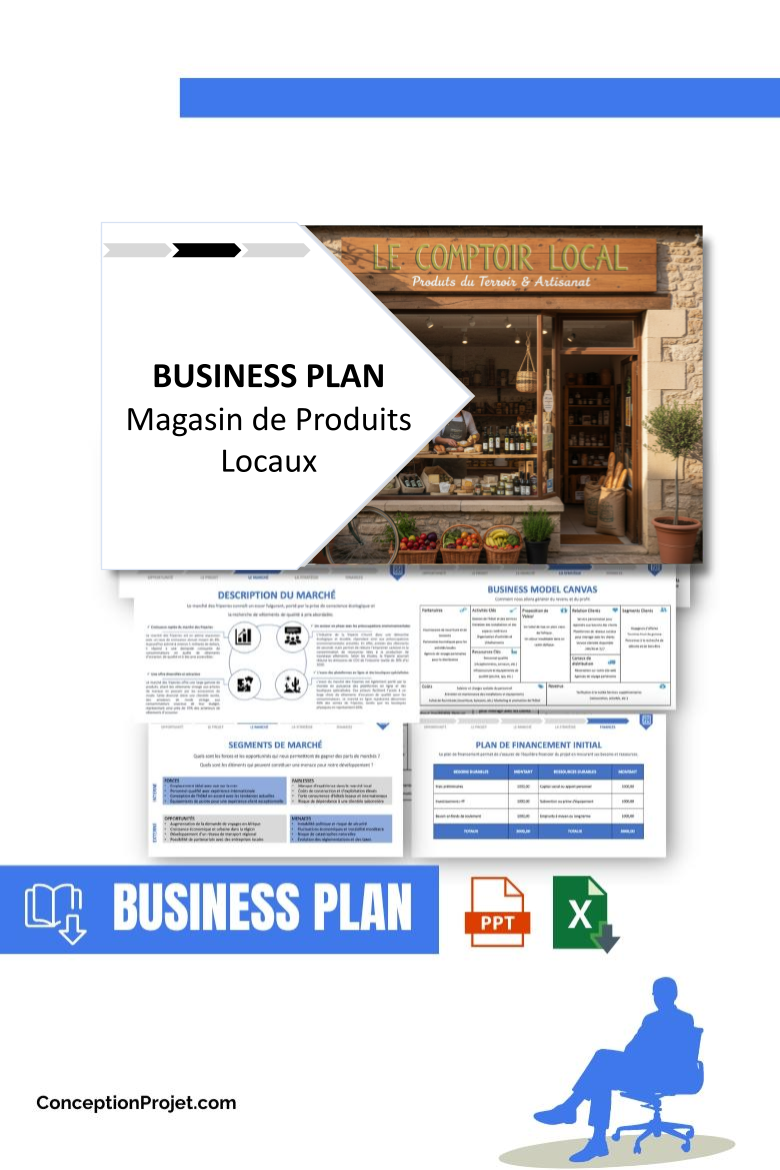 Pack Business Plan pour Magasin de Produits Locaux - Modèle de business plan professionnel pour Magasin de Produits Locaux, spécialement conçu pour les entrepreneurs, incluant un prévisionnel financier 100% automatisé, une stratégie marketing intégrée, ainsi qu’une analyse complète (SWOT, Business Model Canvas, étude de marché et analyse des risques). Ce document au design moderne et entièrement personnalisable sous Word est structuré pour répondre aux exigences des banques et des investisseurs, tout en permettant un gain de temps considérable grâce à son contenu pré-rédigé.