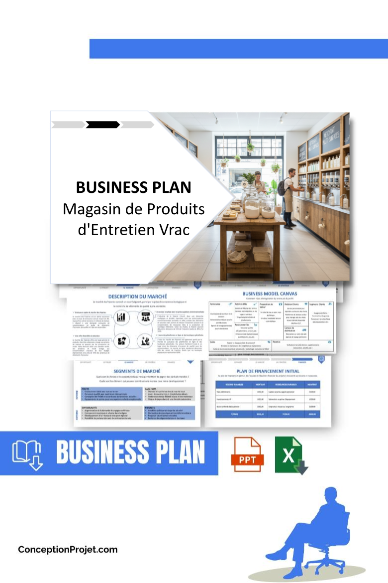 Pack Business Plan pour Magasin de Produits d'Entretien Vrac - Modèle de business plan professionnel pour Magasin de Produits d'Entretien Vrac, spécialement conçu pour les entrepreneurs, incluant un prévisionnel financier 100% automatisé, une stratégie marketing intégrée, ainsi qu’une analyse complète (SWOT, Business Model Canvas, étude de marché et analyse des risques). Ce document au design moderne et entièrement personnalisable sous Word est structuré pour répondre aux exigences des banques et des investisseurs, tout en permettant un gain de temps considérable grâce à son contenu pré-rédigé.