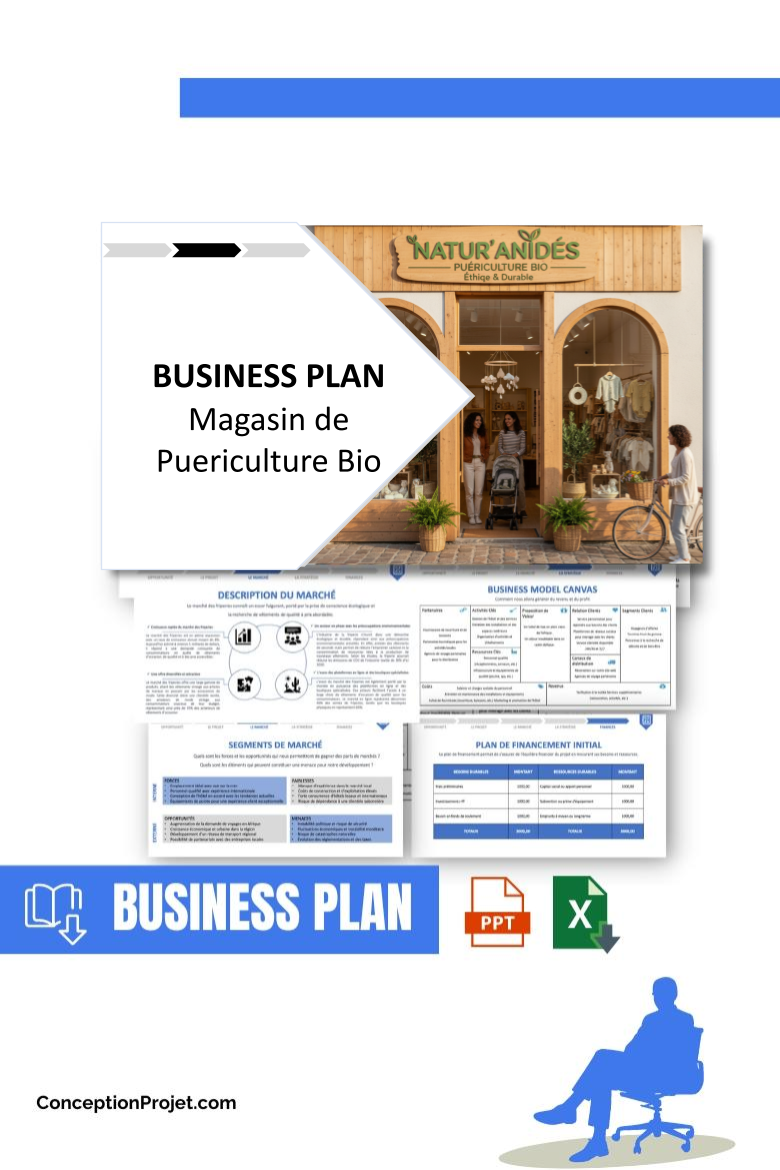 Pack Business Plan pour Magasin de Puericulture Bio - Modèle de business plan professionnel pour Magasin de Puericulture Bio, spécialement conçu pour les entrepreneurs, incluant un prévisionnel financier 100% automatisé, une stratégie marketing intégrée, ainsi qu’une analyse complète (SWOT, Business Model Canvas, étude de marché et analyse des risques). Ce document au design moderne et entièrement personnalisable sous Word est structuré pour répondre aux exigences des banques et des investisseurs, tout en permettant un gain de temps considérable grâce à son contenu pré-rédigé.