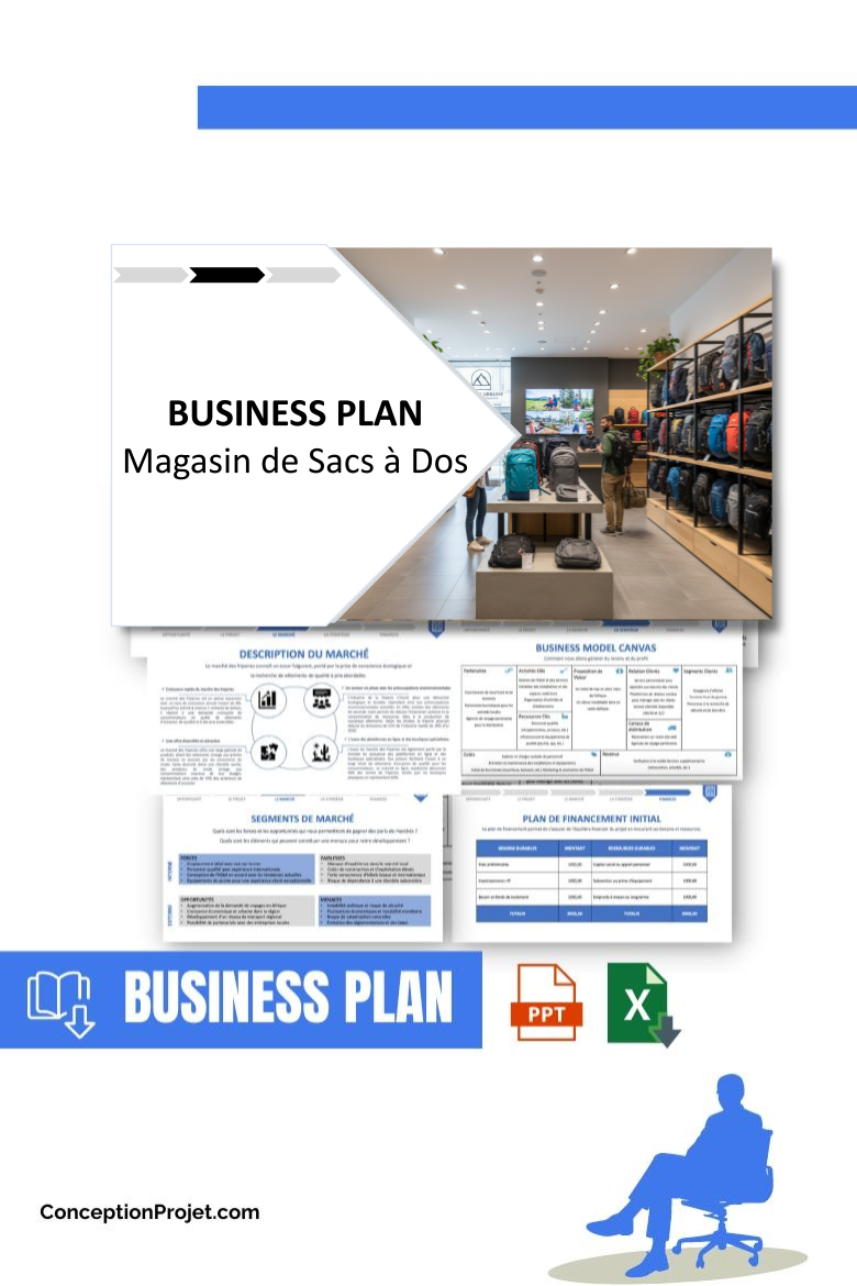 Pack Business Plan pour Magasin de Sacs à Dos - Modèle de business plan professionnel pour Magasin de Sacs à Dos, spécialement conçu pour les entrepreneurs, incluant un prévisionnel financier 100% automatisé, une stratégie marketing intégrée, ainsi qu’une analyse complète (SWOT, Business Model Canvas, étude de marché et analyse des risques). Ce document au design moderne et entièrement personnalisable sous Word est structuré pour répondre aux exigences des banques et des investisseurs, tout en permettant un gain de temps considérable grâce à son contenu pré-rédigé.
