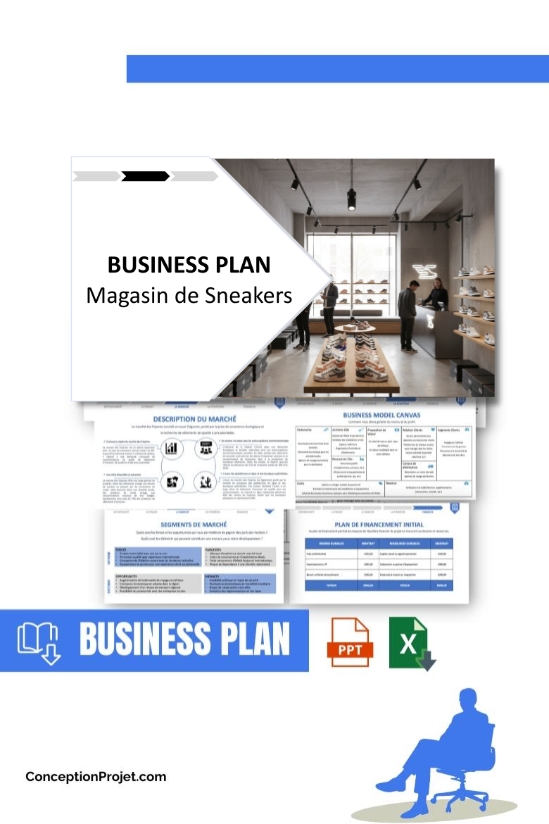 Pack Business Plan pour Magasin de Sneakers - Modèle de business plan professionnel pour Magasin de Sneakers, spécialement conçu pour les entrepreneurs, incluant un prévisionnel financier 100% automatisé, une stratégie marketing intégrée, ainsi qu’une analyse complète (SWOT, Business Model Canvas, étude de marché et analyse des risques). Ce document au design moderne et entièrement personnalisable sous Word est structuré pour répondre aux exigences des banques et des investisseurs, tout en permettant un gain de temps considérable grâce à son contenu pré-rédigé.